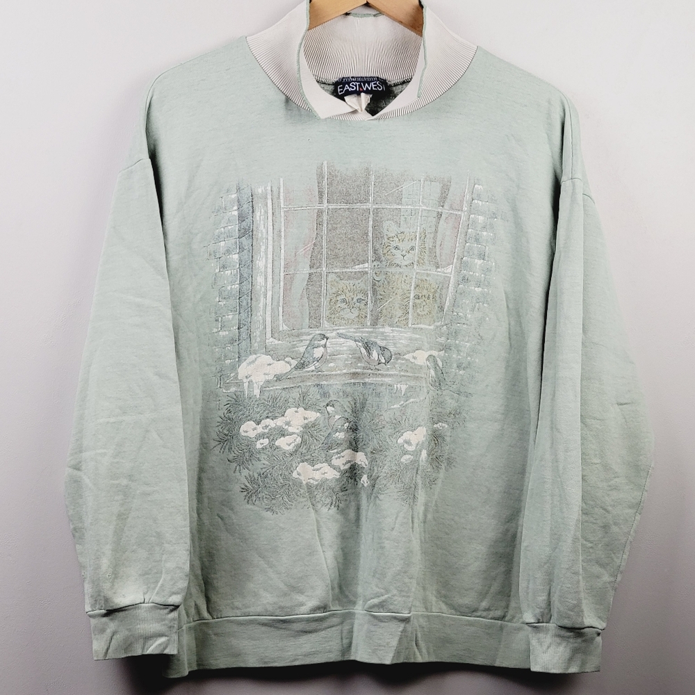 Vintage East West Cat Lady Granny Collared Crew Neck Sweater Distressed XL
